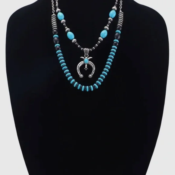 Turquoise and Silver Two Layer Necklace Set NWT - Picture 4 of 8